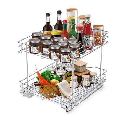 Fulgente Chrome Finish Pull Out Drawer Cabinet Organizer, Professional Wire Frame 2 Tier Heavy Duty Slide Out Kitchen Cabinet Storage Shelves, Sliding Drawer for Cabinet 11"W x 21"D