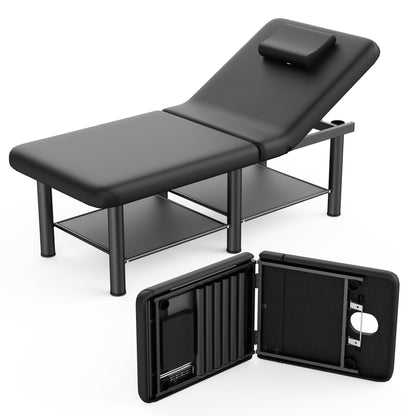 Folding Stationary Massage Table with Backrest and Storage Space for Treatment Table Physical Therapy Table Spa Facial Bed, 6 Round legs Metal Frame PU Leather, 30.5'' Wide × 75'' Long - Black
