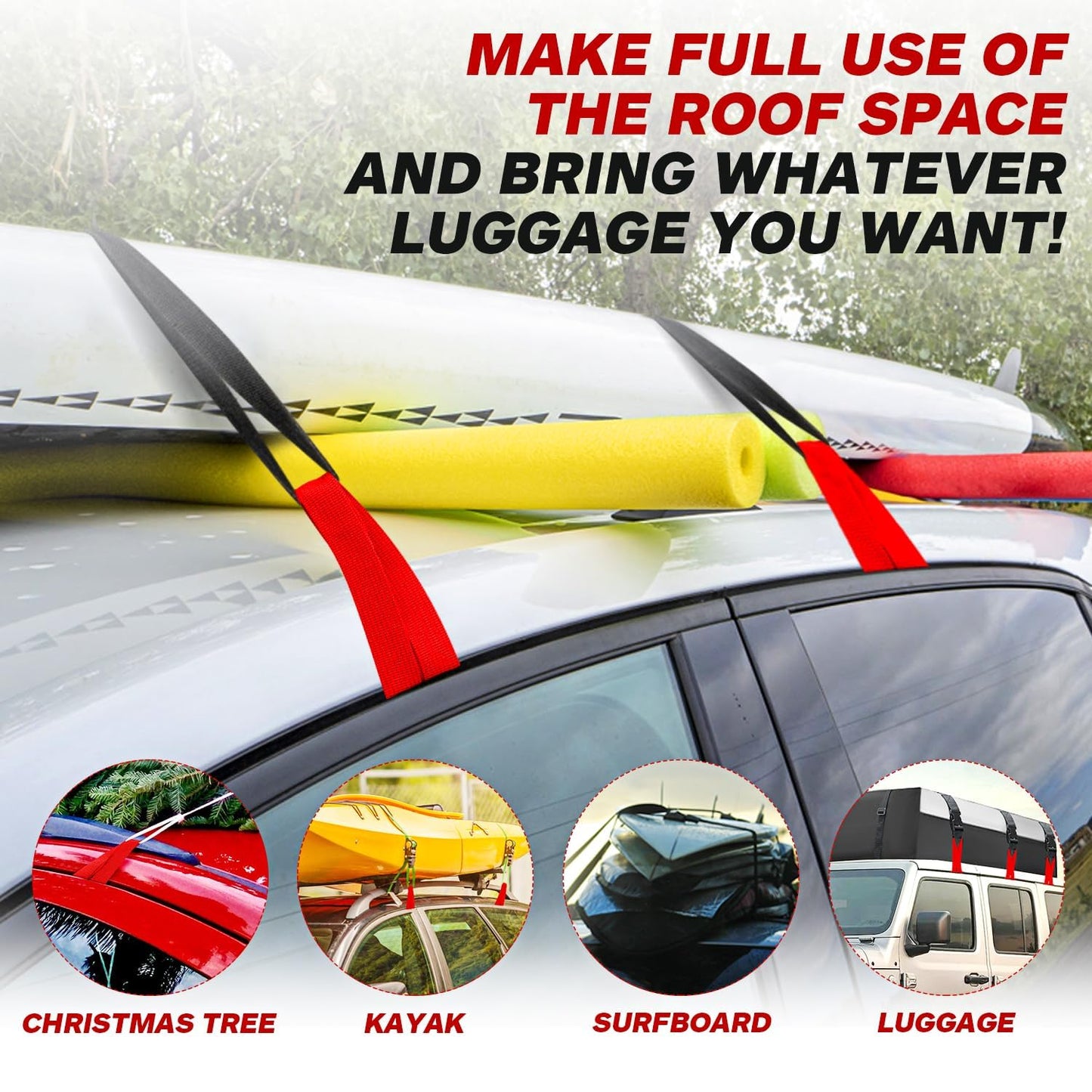 6 Rooftop Cargo Tie Down Hook Straps-Secure Any Car Roof Bag, Roof Rack Cargo Carrier,or Car Top Carrier,Durable and Solid, No Roof Rack Required, Compatible with Most Cars - Registered Patent (red)