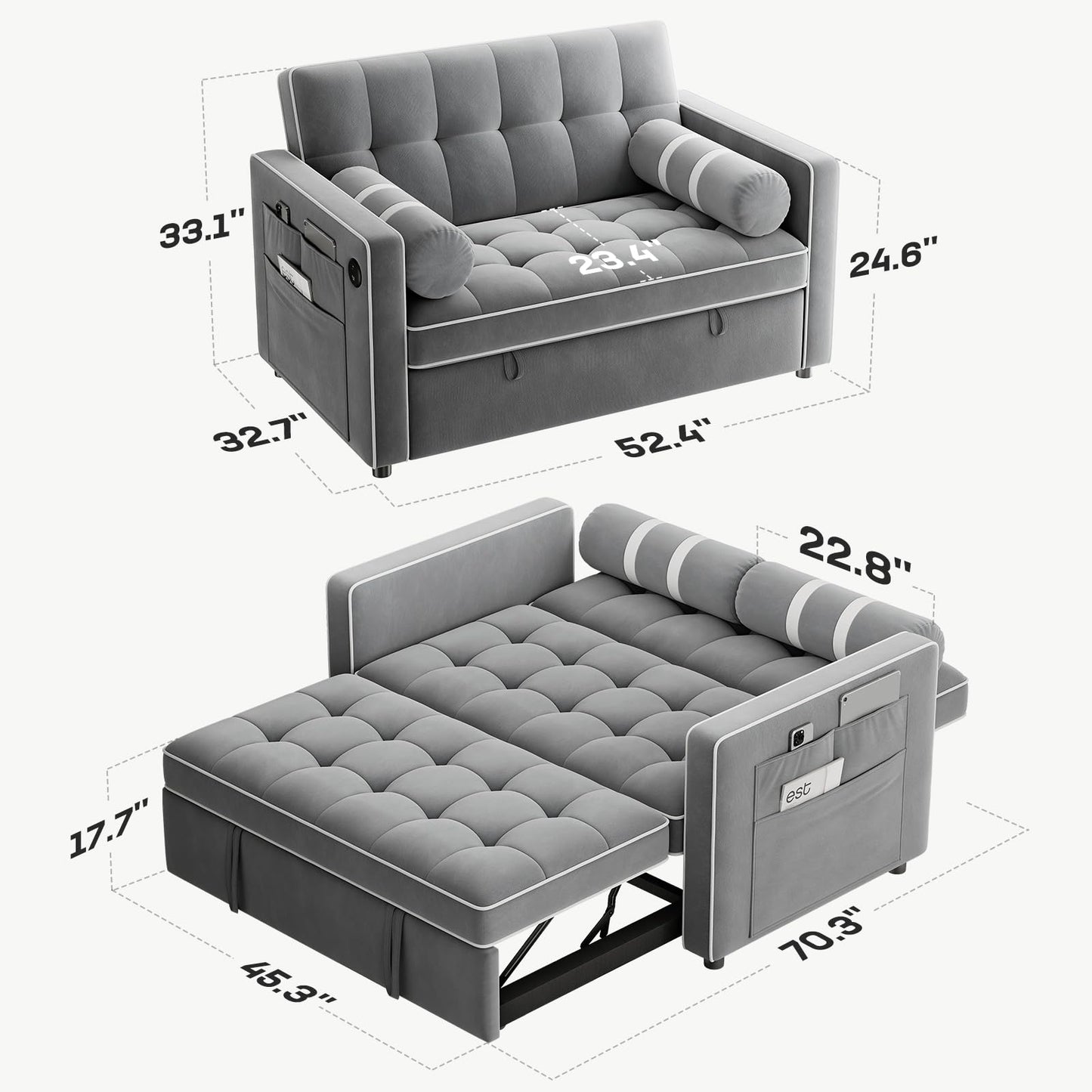 Marsail 3-in-1 Convertible Futon Sleeper Sofa Bed, Pull Out Couch with Adjustable Backrest, USB Charging & Side Pockets, Velvet Fabric Sofa for Living Room, Apartment, Loveseat, Grey
