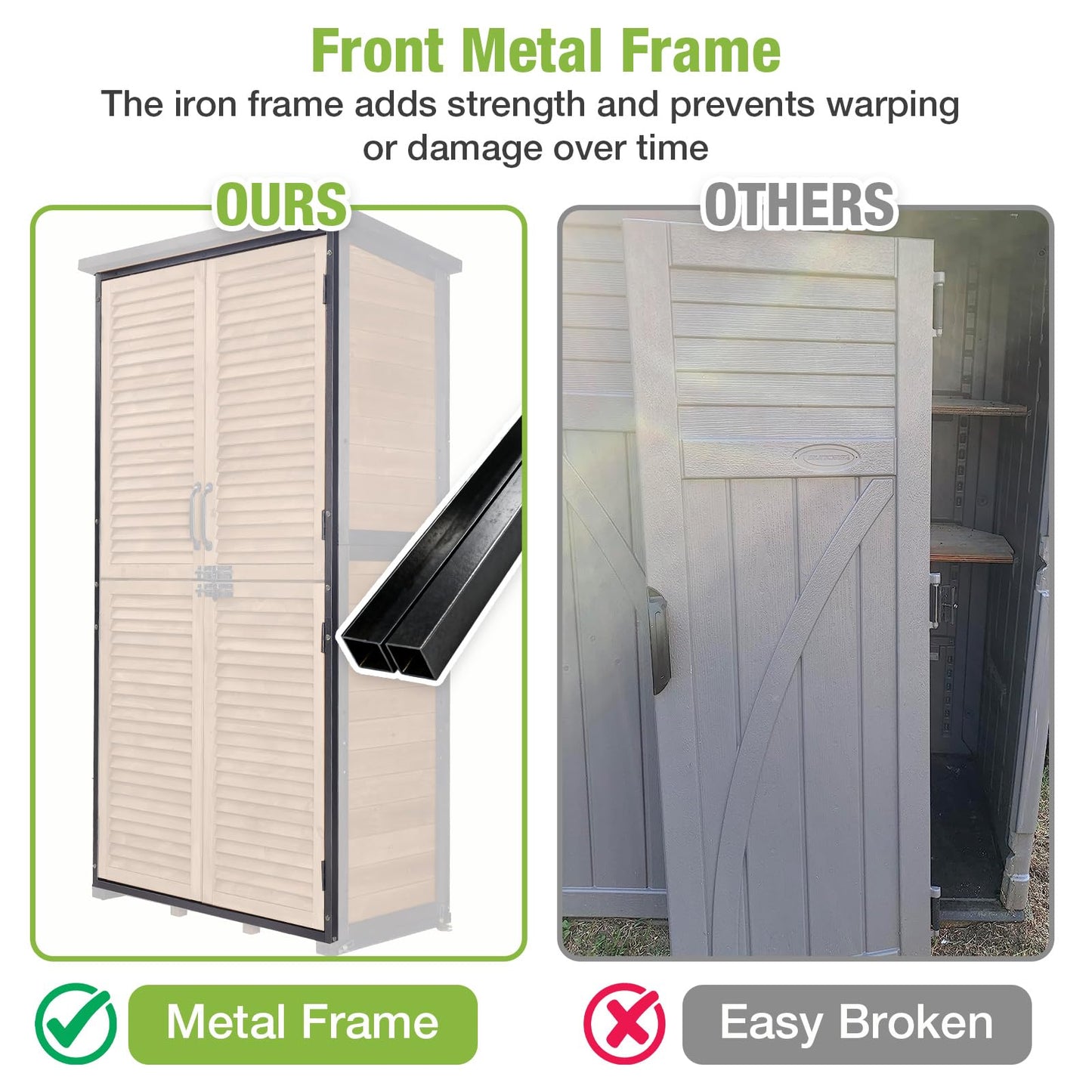 GUTINNEEN Outdoor Storage Cabinet Waterproof Metal Frame Wooden Storage Sheds Outdoor with Floor 4 Lockable Doors, 2 Adjustable Shelves, Garden Tool Shed for Patio Porch Backyard Lawn 63"