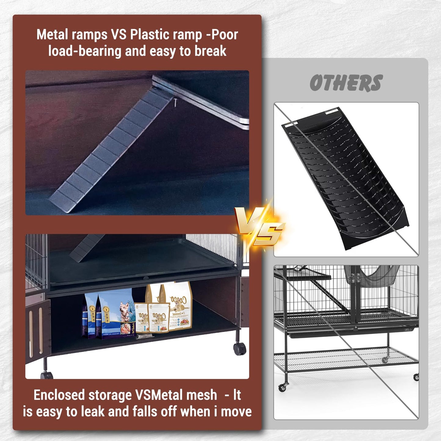 60" Large Ferret Cage, Multi-Level Small Animal Mansion with 4 Wheels, 3 Metal Ramps & Hammock for Chinchillas, Rabbits, Guinea Pigs, Includes PP Trays & Storage Cabinet