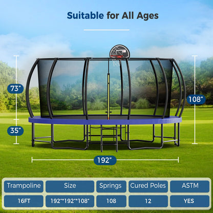 Tatub 16FT Upgrade Pumpkin Trampoline for Kids and Adults, Outdoor Recreational Trampolines with Basketball Hoop & Enclosure Net, Curved Poles & Storage Bag, Blue