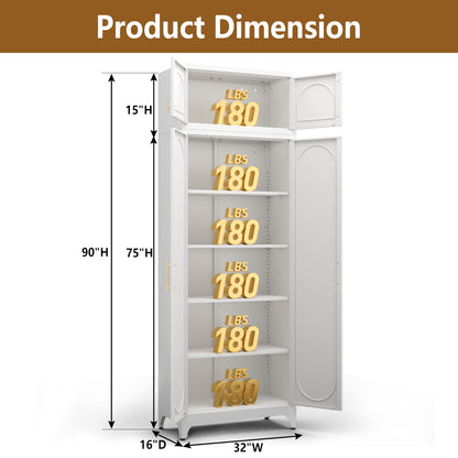 Polup Kitchen Pantry Cabinet, 90" Tall Metal Pantry Cabinet, Food Cupboards with Doors and Shelves, Freestanding Storage Cabinets for Dining, Living Room, 16"D x 32"W x 90"H, White, Assembly Required