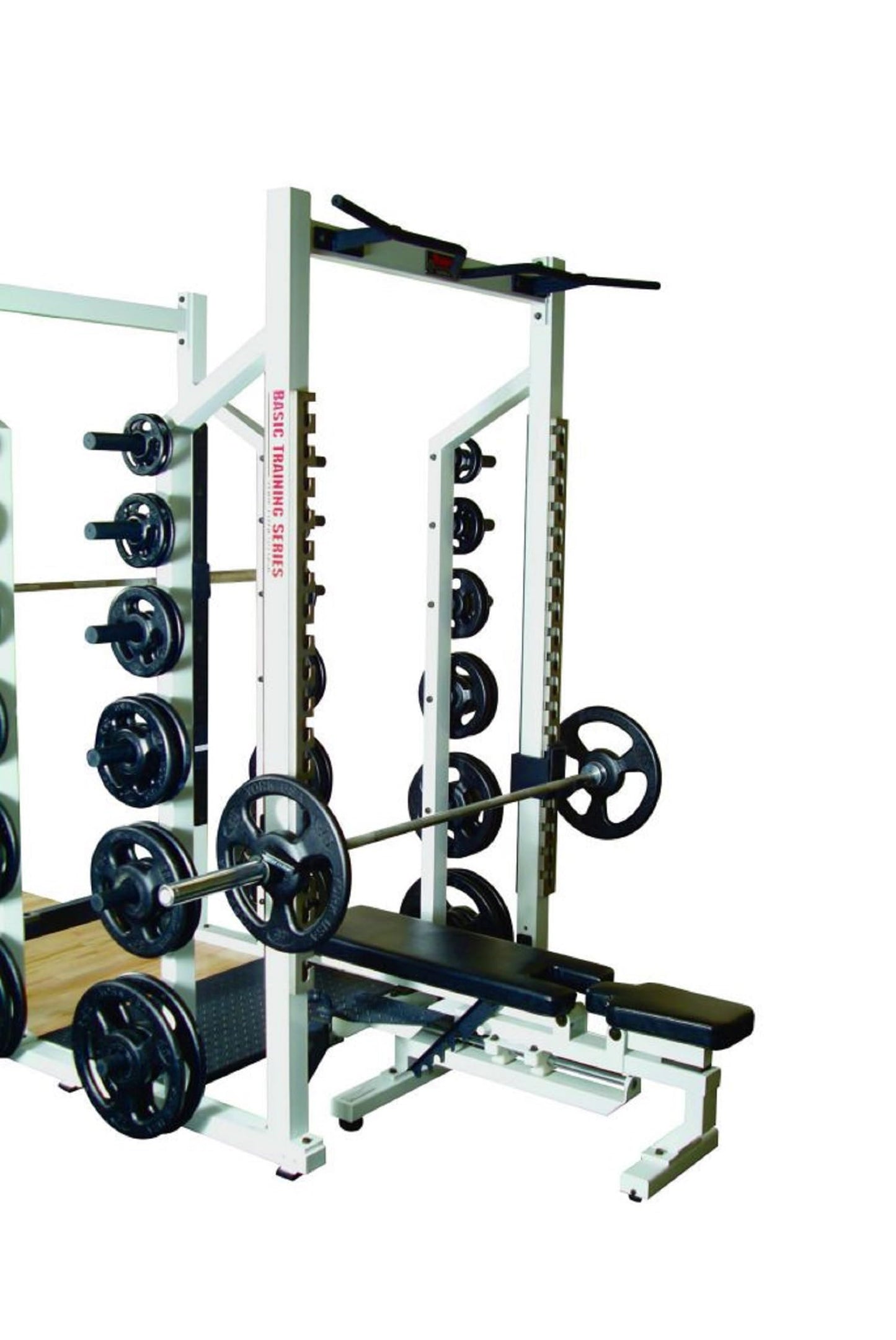 STS Double Half Rack White Commercial Strength Training Rack with Dual Stations, Pull-Up Bar, Adjustable Hook Plates & Plate Storage for Gym Equipment