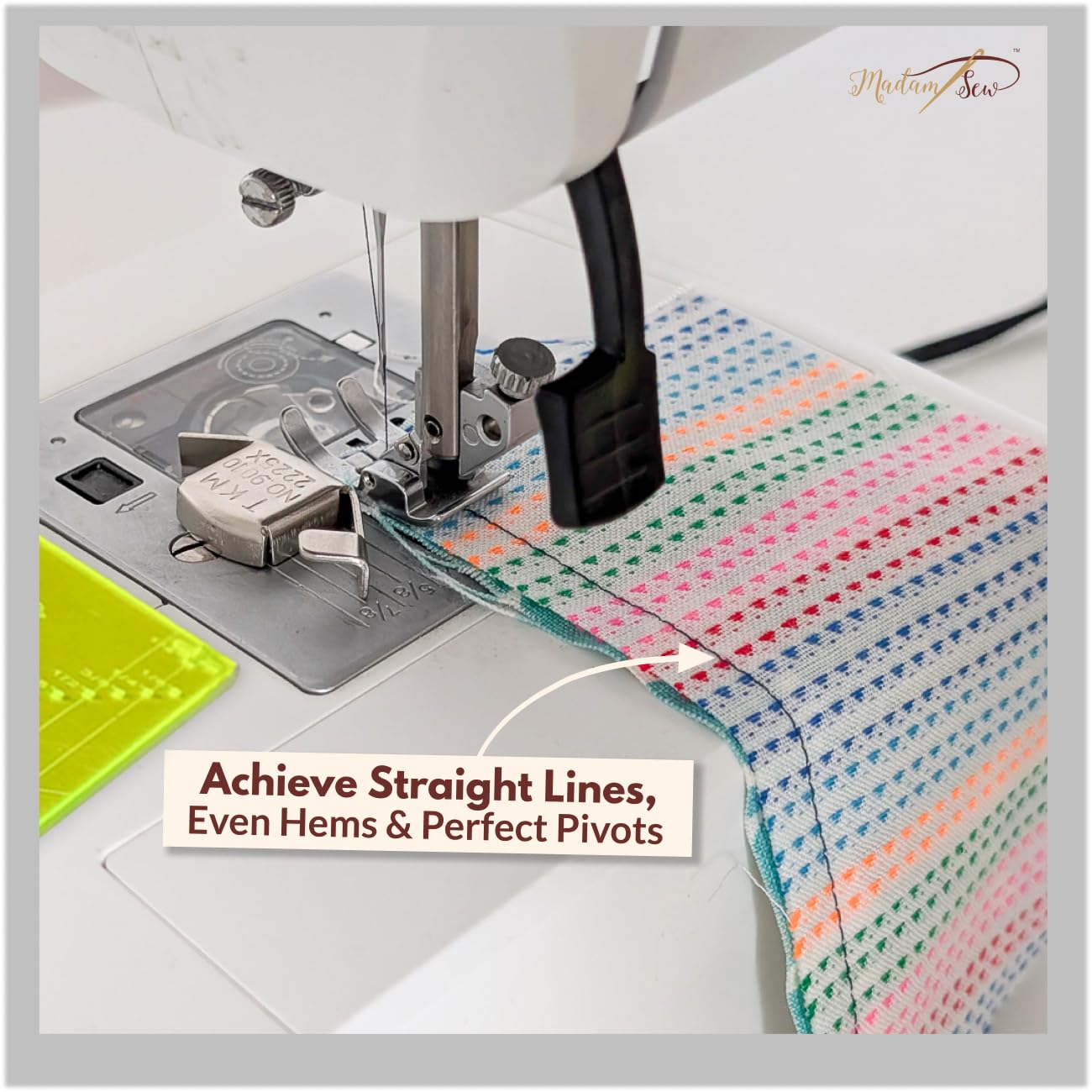 Madam Sew Seam Allowance Ruler & Magnetic Seam Guide for Sewing Machine | Perforated Seam Guide Ruler & Gauge for Perfect 1/8”- 2” Straight Line Hems | Includes 1/4” Pivot Point & 45 Degree Trim Line