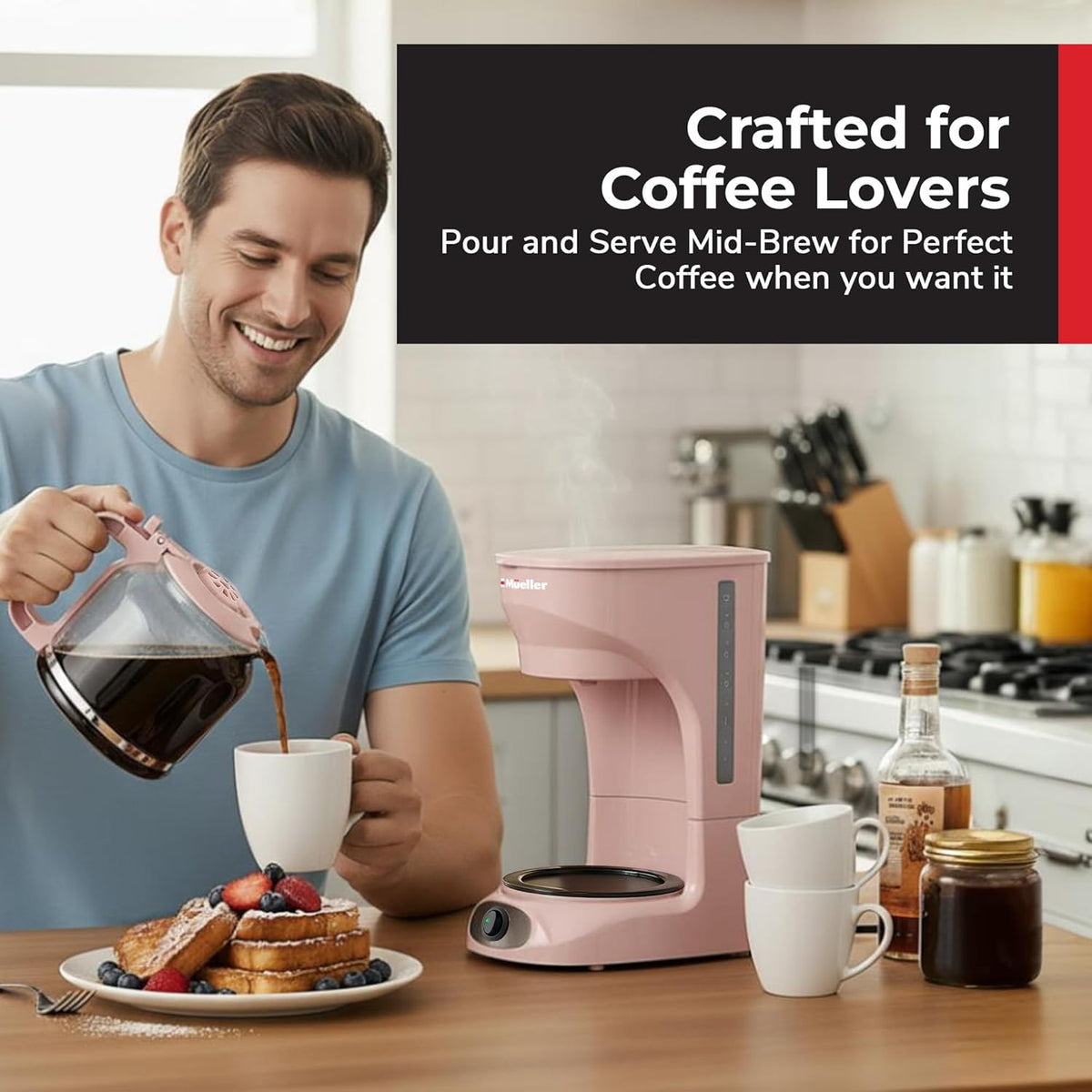 12-Cup MUELLER HOME Pink Coffee Maker - Borosilicate Carafe, Auto-Off, Pink Kitchen Accessories, Reusable Filter