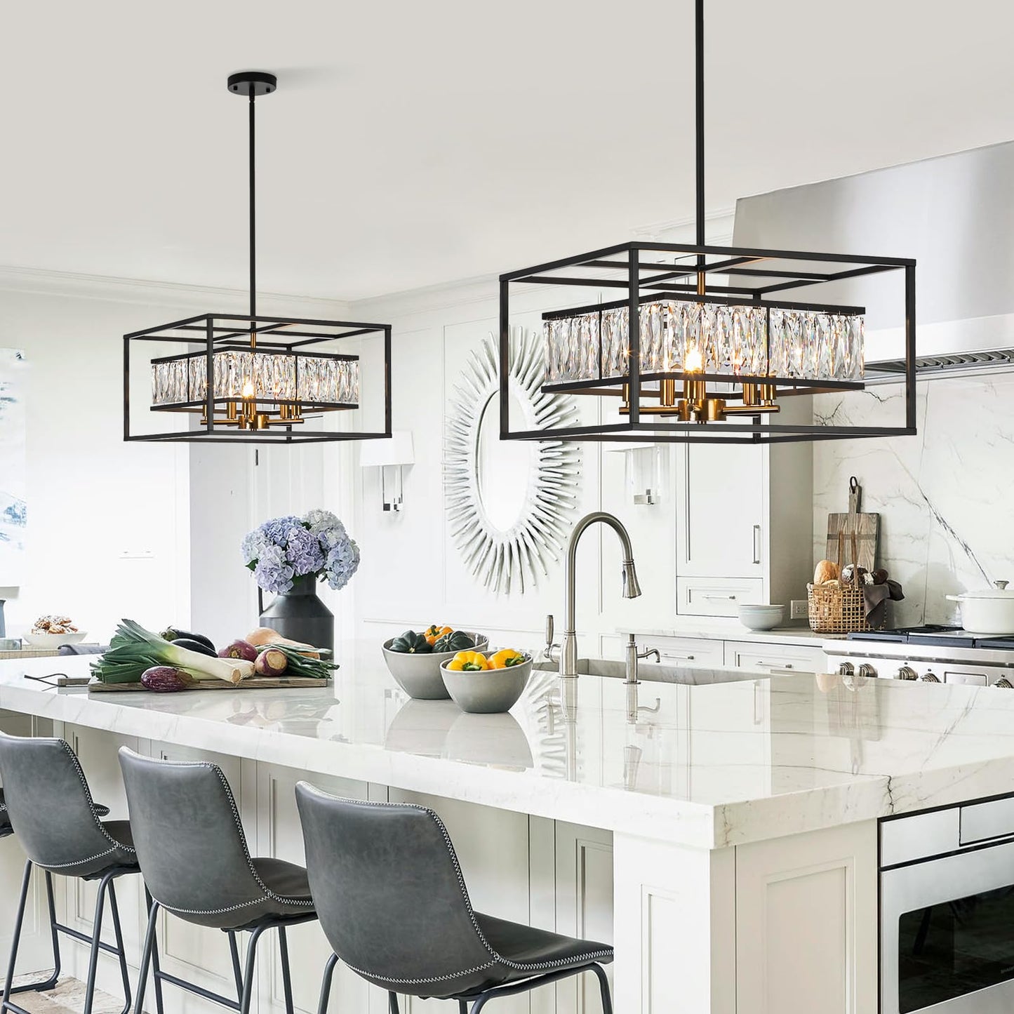 Vezzio Crystal Chandelier for Foyer Entryway，5-Light Black Modern Farmhouse Pendant Chandelier, Contemporary Hanging Light Fixture for Dining Room Living Room Bedroom Kitchen Island