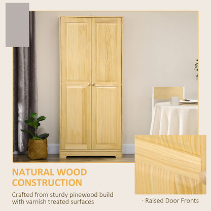 HOMCOM 67" Pinewood Kitchen Pantry Storage Cabinet, Freestanding Cabinets with Adjustable Shelves, Solid Wood Food Pantry with Soft-Close Doors for Living Room Dining Room, Light Brown