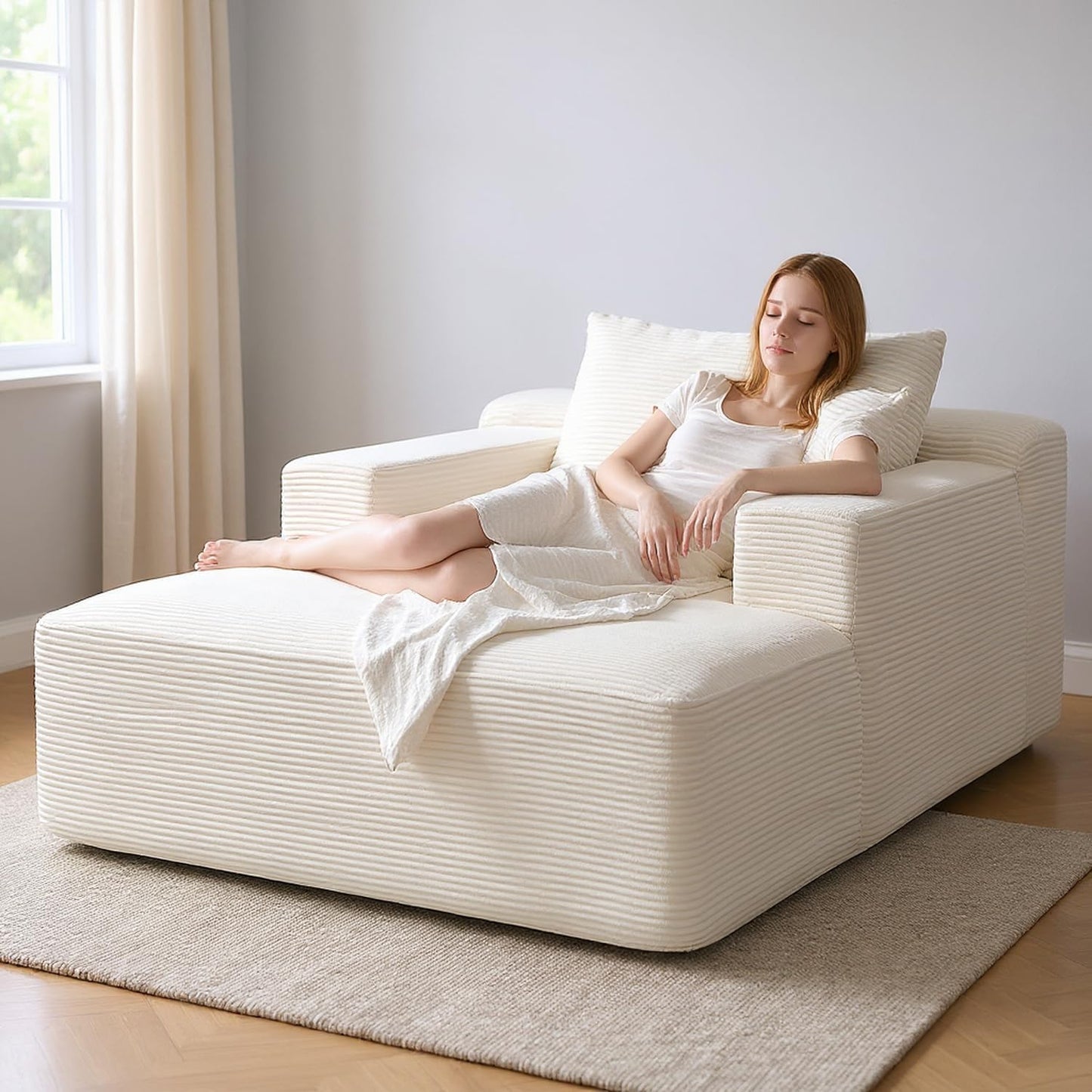 Container Furniture Direct Monroe Convertible Chaise Lounge Chair Indoor – Oversized Corduroy Couch with Wide Armrest & Throw Pillows, Cozy Boneless Sleeper Sofa Bed Armchair, Beige