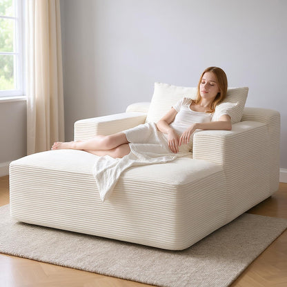Container Furniture Direct Monroe Convertible Chaise Lounge Chair Indoor – Oversized Corduroy Couch with Wide Armrest & Throw Pillows, Cozy Boneless Sleeper Sofa Bed Armchair, Beige