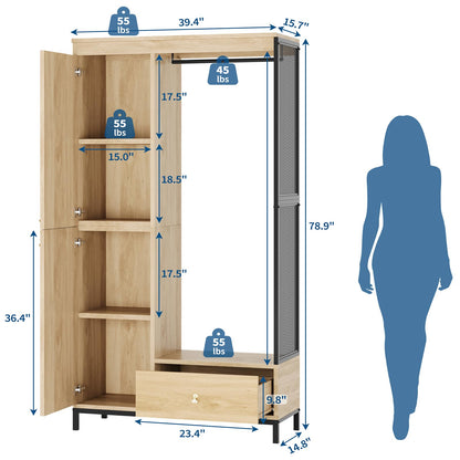 IDEALHOUSE 78.9 in Armoire Wardrobe Closet with Drawers, Wood Wardrobe Cabinet with Shelves and Hanging Rod,Clothing Storage Cabinet for Bedroom, Space-Saving Storage System for Entryway