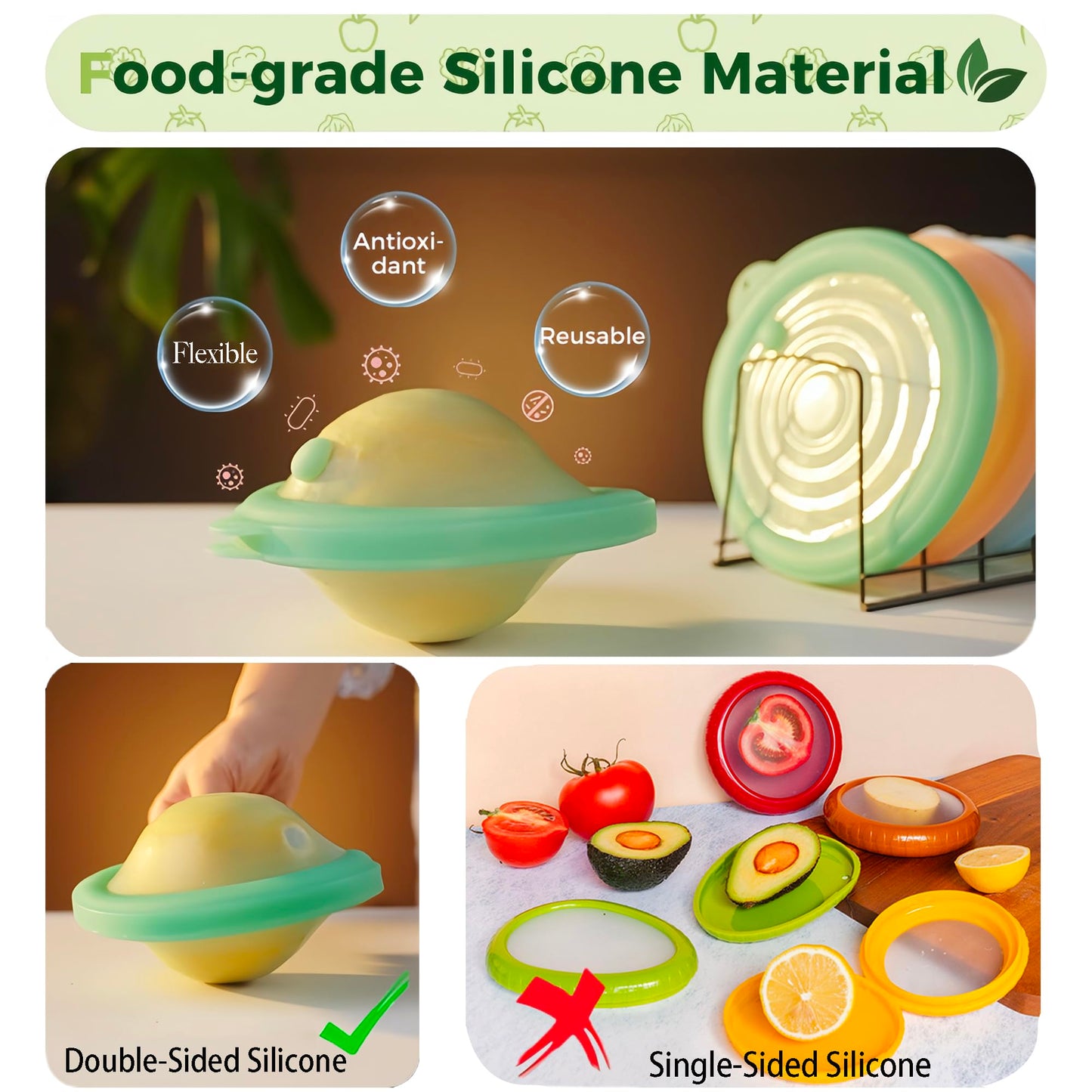 Silicone Reusable Vacuum-Seal Storage Containers for Fridge,Fresh Fruit,Vegetables,Garlic,Onions,Lemons,Potatoes,Meat,for Microwave Oven Heating,Freezer,Dishwasher,Avocado Saver,Tomato Holder,2 Pack