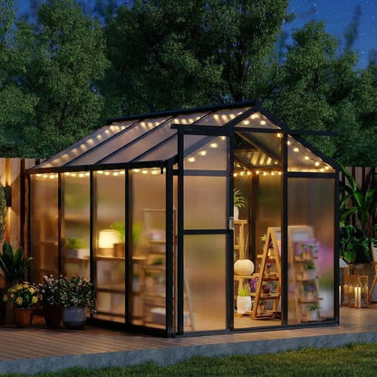 6x10 FT Greenhouse, Outdoor Sliding Door, Polycarbonate Greenhouse with Aluminum Frame, Lockable Door and Ajustable Roof Vent for Backyard, Outside Garden Backyard, Patio, Black