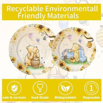 150pcs Baby Shower Decorations Boys Classic Bear Plates Napkins Boy Paper Disposable Dessert Plates Tableware Set for Newborn Kids Birthday Party Decorations Serves 50 Guests (Yellow)