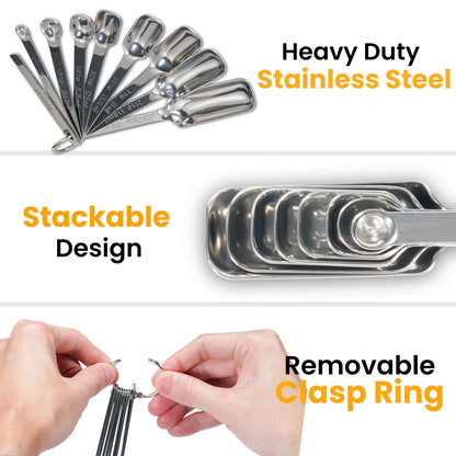 Stainless Steel Measuring Spoons Set of 14 with Leveler, Rectangular Teaspoon & Tablespoon Measuring Spoons for Dry & Liquid Ingredients, Slim Design Fits in Spice Jars