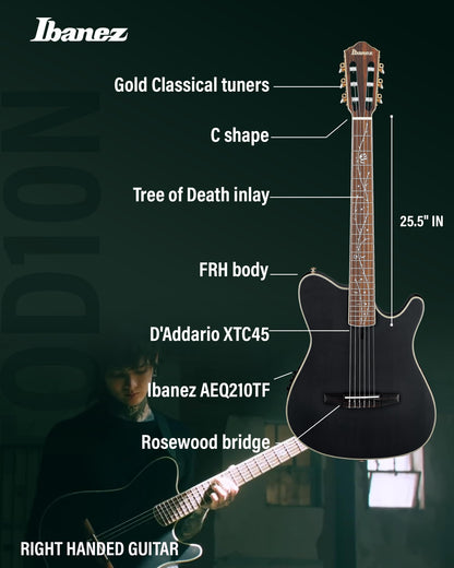 Ibanez TOD10N Tim Henson Nylon Acoustic-Electric Guitar - Transparent Black Flat Bundle with Case, Tuner, Strap, Strings, Picks, Austin Bazaar Instructional DVD, and Polishing Cloth