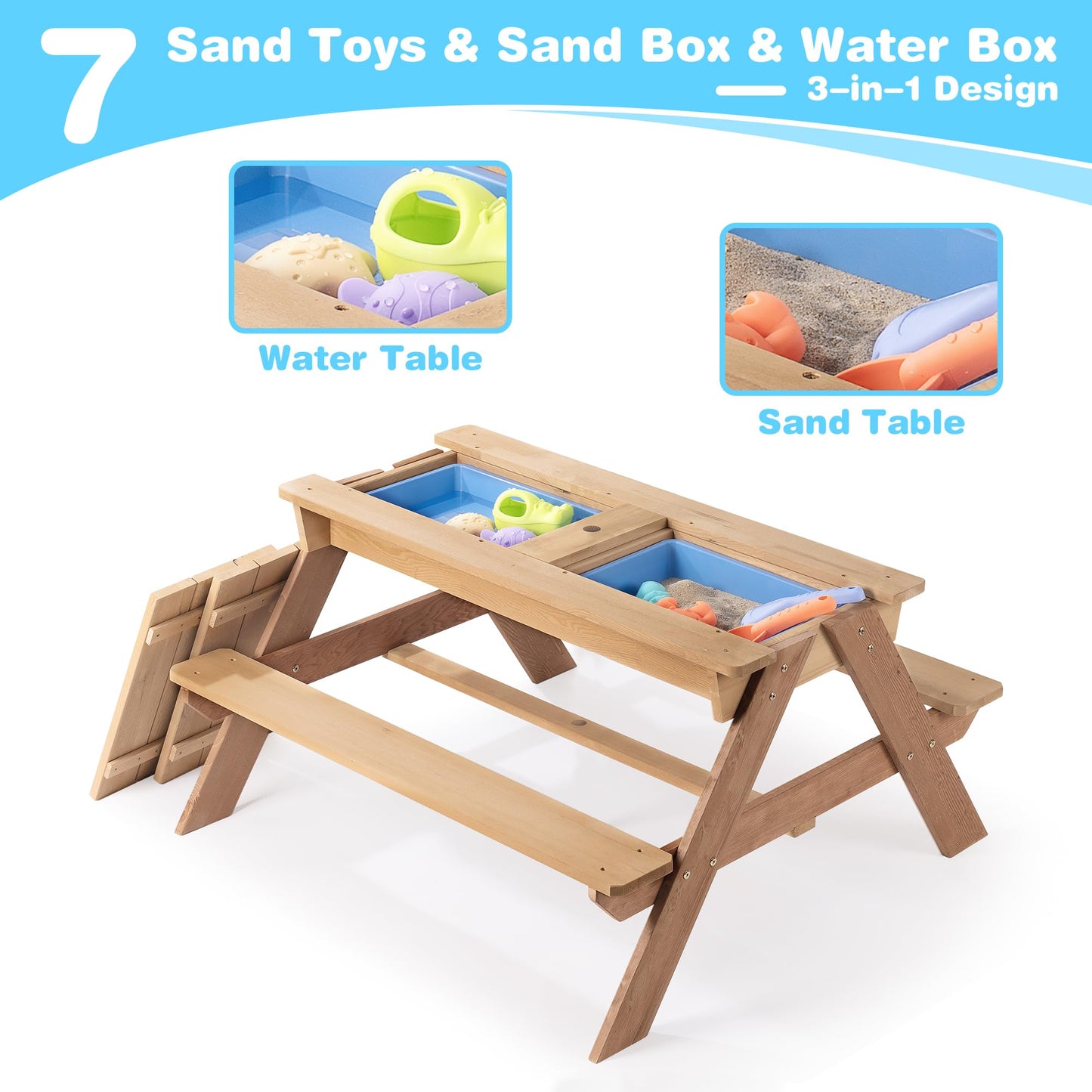 3 in 1 Outdoor Wooden Picnic Table with Umbrella, Convertible Sand Wate, Gray CPSIA Certification
