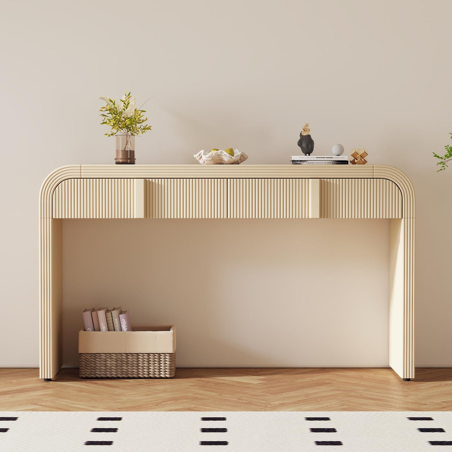 Ball & Cast 55" Rounded Silhouette Console Table,Mordern Sofa Table Behind Couch, Narrow Entryway Table with Two Drawers for Hallway,Living Room,Foyer,Apricot Cream