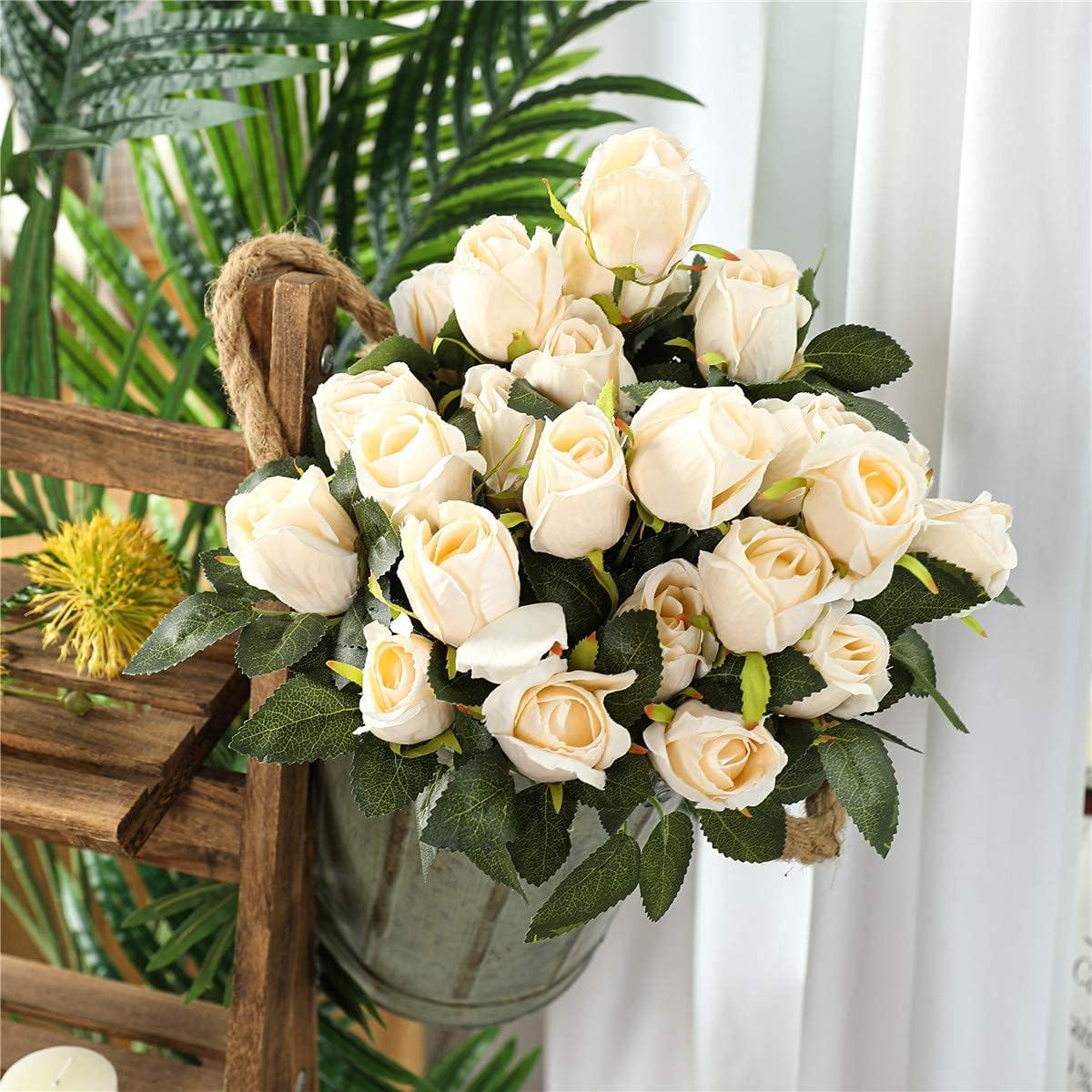 Hawesome 3 Bunches Artificial Silk Roses Buds Realistic Bouquet Arrangement for Wedding Party Centerpieces (Champagne)