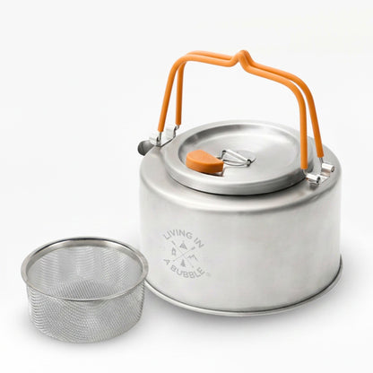Living in a Bubble Premium 1L Camping Kettle with Strainer – Chef-Grade Stainless Steel – Compact Outdoor Cookware for Camping, Van Life, & Tiny Kitchens