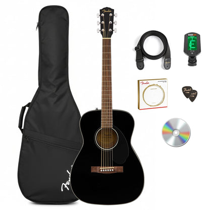 Fender CC-60S Solid Top Concert Acoustic Guitar - Black Bundle with Gig Bag, Tuner, Strap, Strings, Picks, and Austin Bazaar Instructional DVD