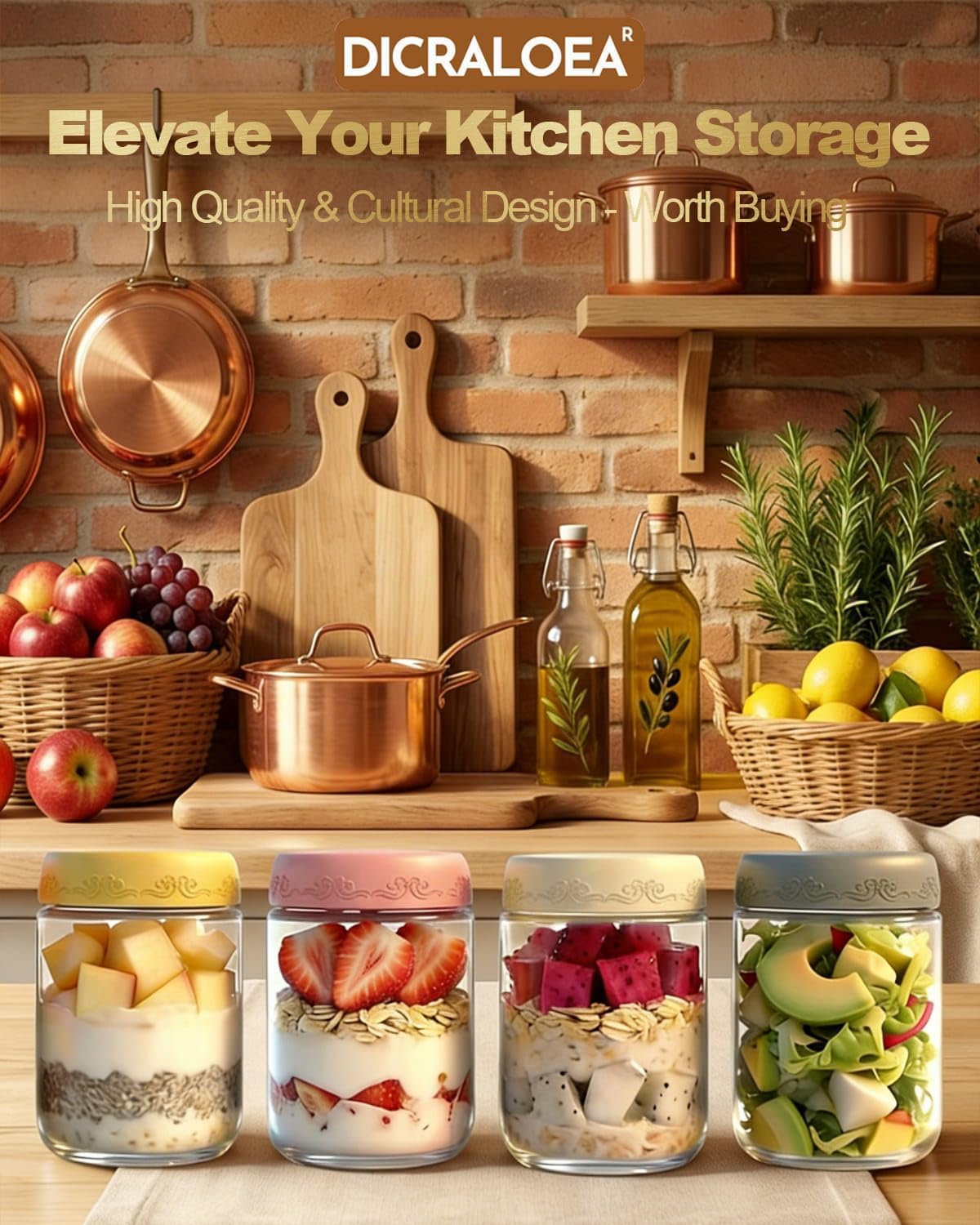 16oz 4Pack (16 OZ-4-2) Glass Overnight Oats Jars Containers with Airtight Leakproof Lids, Reusable Mason Jars for Meal