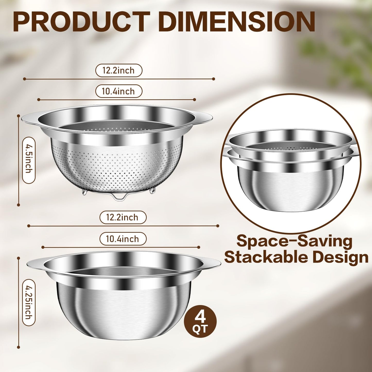 Colander, Strainer Bowl, Stainless Steel Colander, Rice Washing Bowl, Pasta Strainer & Vegetable Washer, Kitchen Strainer with Mixing Bowl for Draining, Food Prep, Dishwasher Safe, 4QT