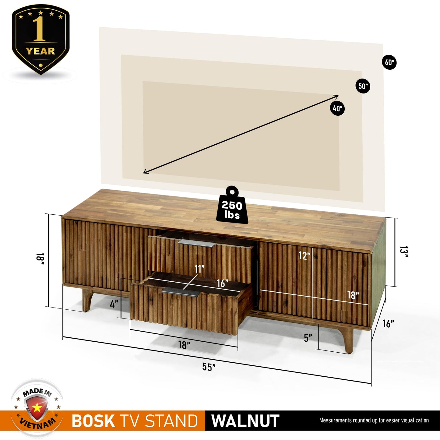 MEGSU 54" Bosk Fluted Acacia Wood TV Stand for TVs up to 60"–Mid-Century Modern Media Console with Storage, Soft-Close Drawers & Doors TV Stands for Living Room, Bedroom, 250 lbs Capacity, Walnut