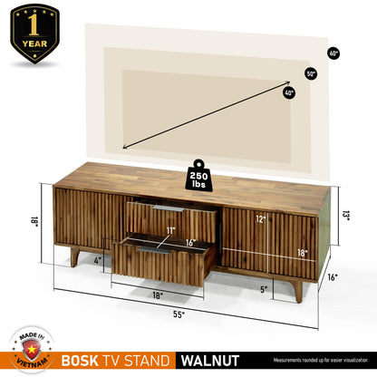 MEGSU 54" Bosk Fluted Acacia Wood TV Stand for TVs up to 60"–Mid-Century Modern Media Console with Storage, Soft-Close Drawers & Doors TV Stands for Living Room, Bedroom, 250 lbs Capacity, Walnut
