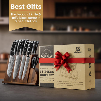15 PC Magnetic Knife Sets for Kitchen with Block, Kitchen Knife Set Made of German High Carbon Stainless Steel Damascus Pattern as Gift for Couple, Wedding, Women or Mom with Gift Box