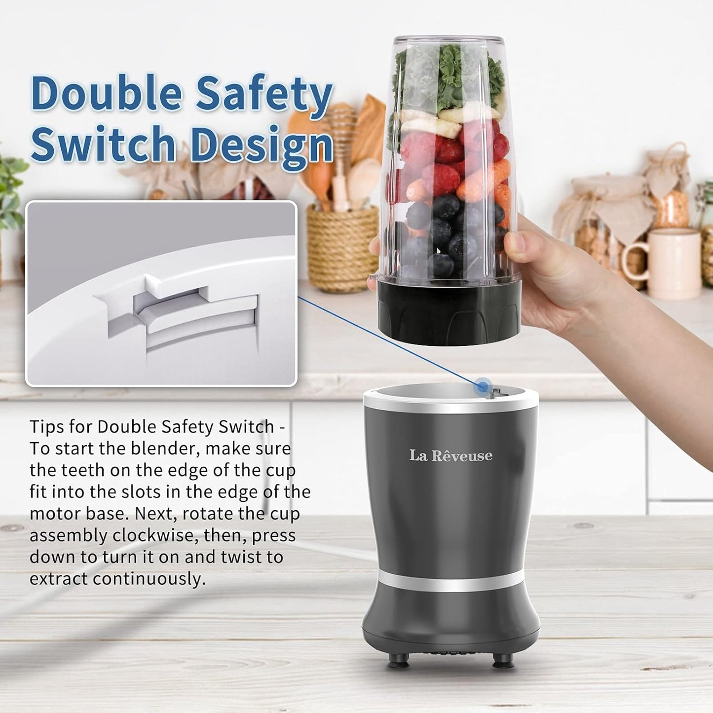 La Reveuse Personal Size Blender 250 Watts Power for Shakes, Smoothies, Sauces with 1 Piece 15 oz Cup & 1 Piece 10 oz