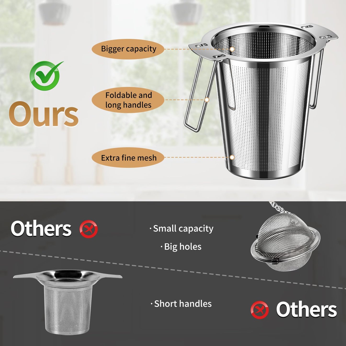 2Pack Long-Handled Tea Strainer, BOMANSI BOMS Stainless Steel Tea Infuser Basket Sitting in Mugs, Tea Infusers for Loose Tea, Fine Mesh Tea Diffuser Tea Strainers Filters, Tea Steeper for Leaf