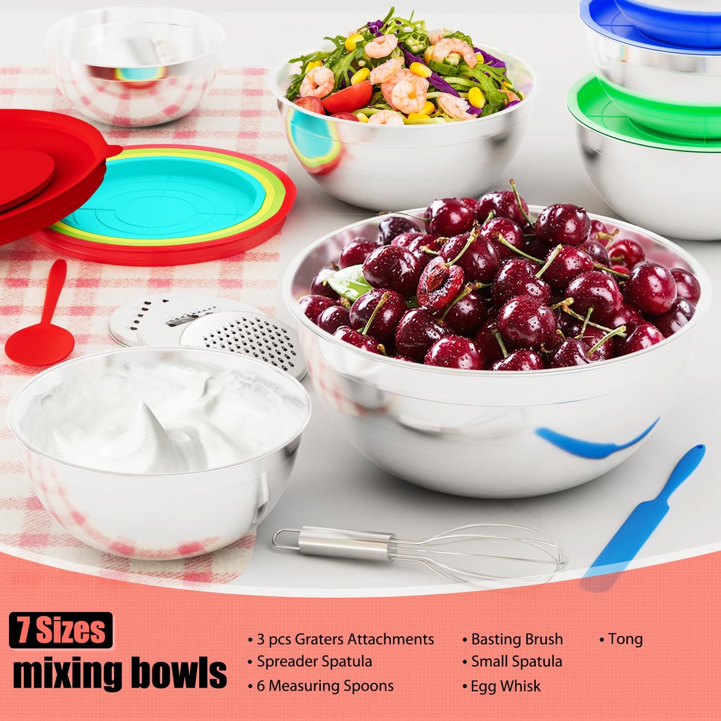 ENVTEK Mixing Bowls with Lids Set, 7 PCS Stainless Steel Mixing Bowls with 3 Grater Attachments, Size 4.5, 4, 3.5, 2.1, 1.5, 1.1, 0.7QT, Ideal for Kitchen Cooking Baking & Serving