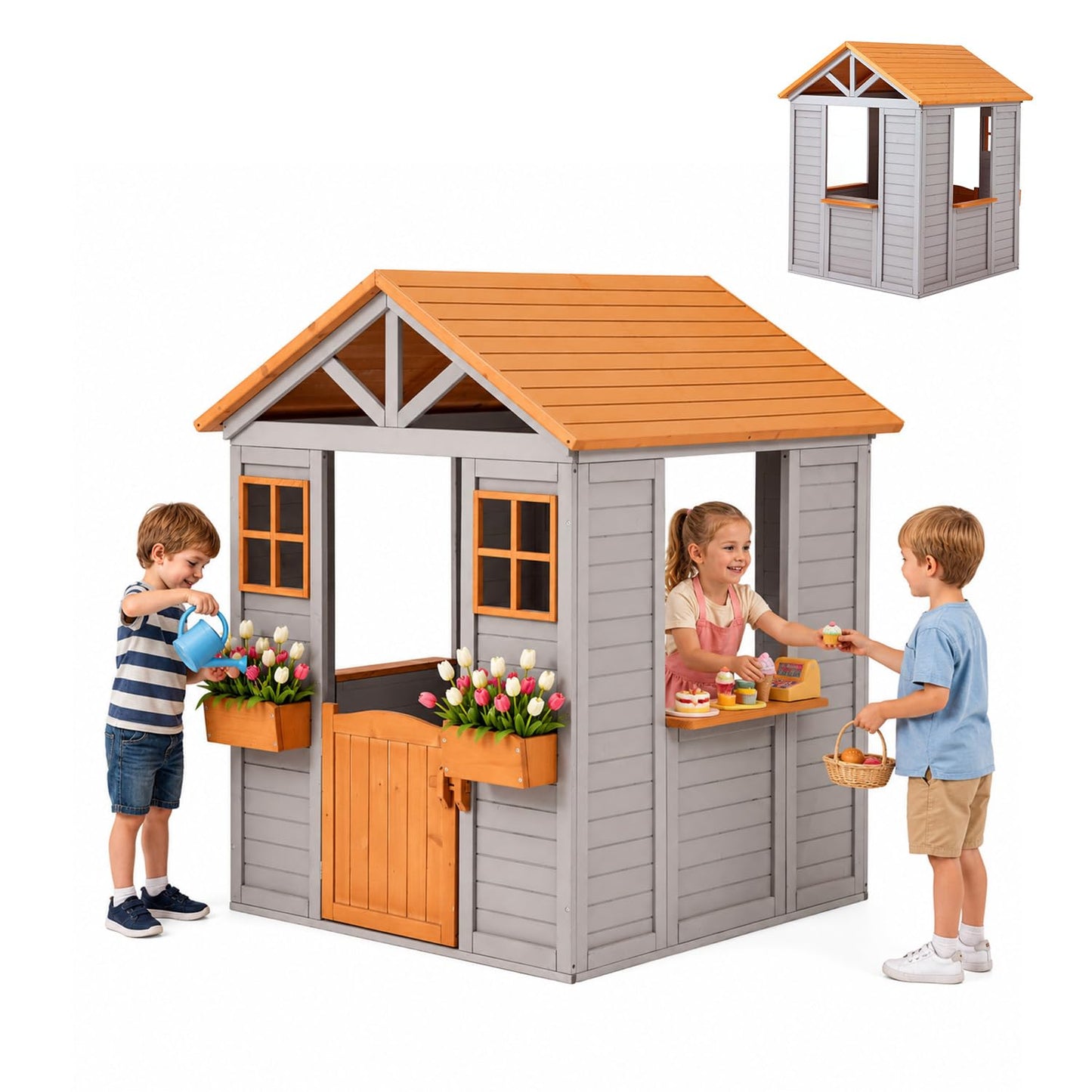 KizzParnrr Wooden Kids Playhouse with Play Kitchen, Half Door Windows, Flowerpot Holders, Toys PlaySet for Backyard Play (Brown and Grey)