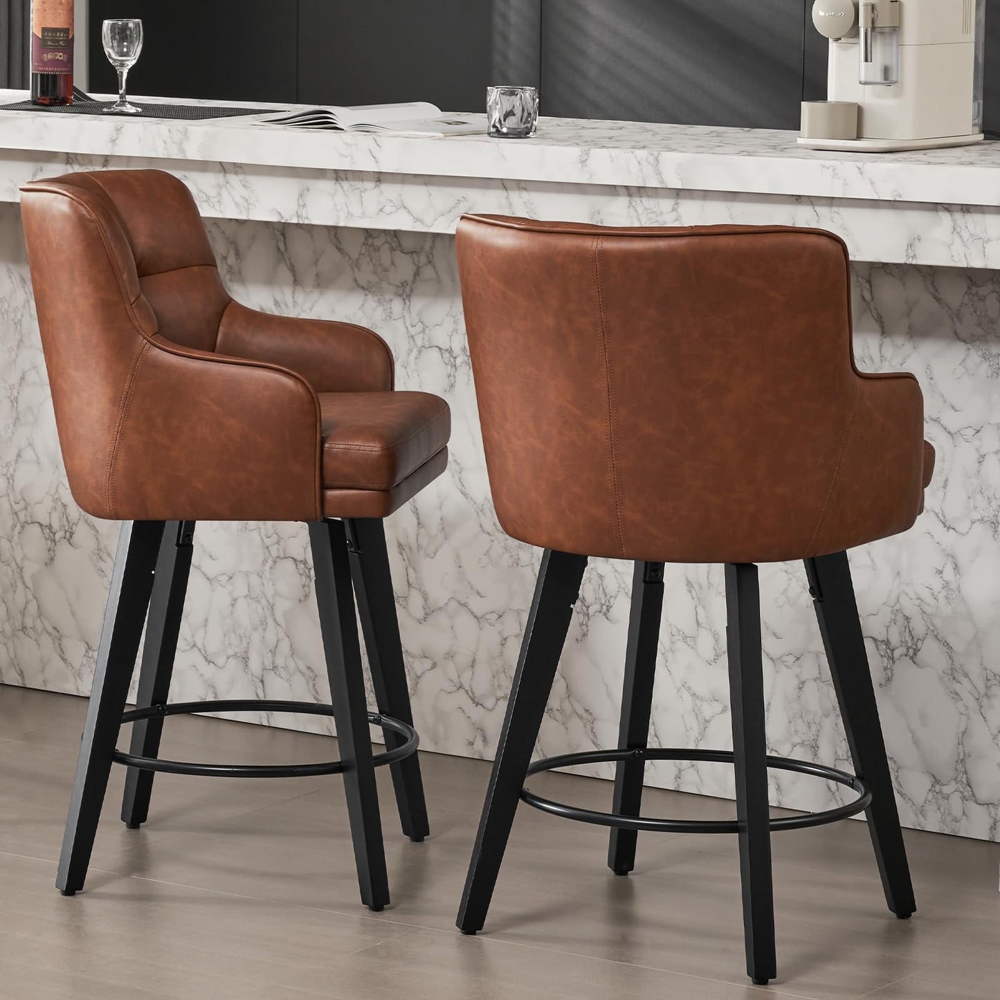 SAECKBERG 360°Swivel Counter Height Bar Stools with Back, 26 inch Solid Wood Legs, Bar Stool Modern Kitchen Island Chairs, Faux Leather (Brown- Faux Leather, 26" H- Set of 2)