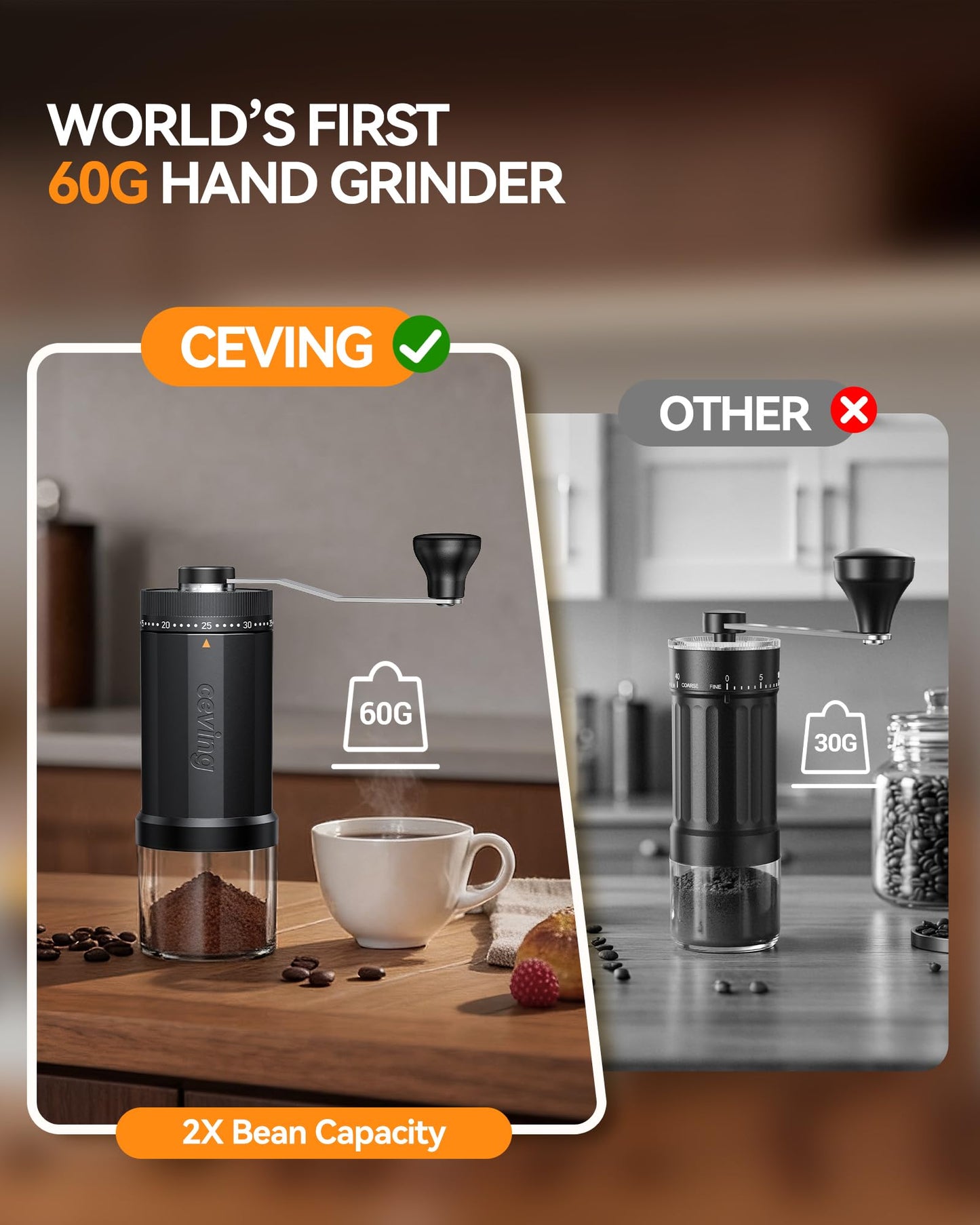 World's First 60g Large Capacity Manual Coffee Grinder, Portable Hand Coffee Bean Mill with 40 Adjustable Settings, Stainless steel Burr Grinder for Espresso, Pour Over, Camping, Travel, Gift, etc