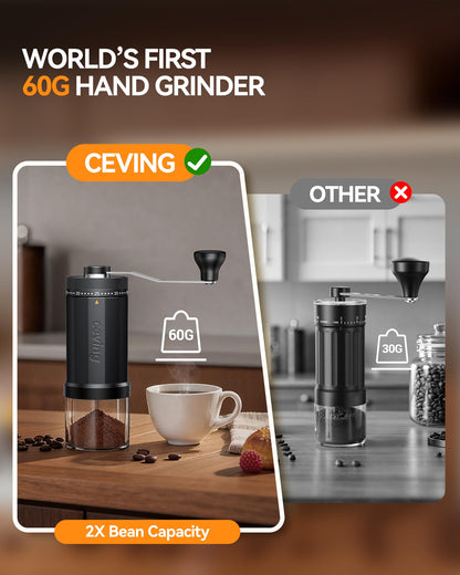 World's First 60g Large Capacity Manual Coffee Grinder, Portable Hand Coffee Bean Mill with 40 Adjustable Settings, Stainless steel Burr Grinder for Espresso, Pour Over, Camping, Travel, Gift, etc