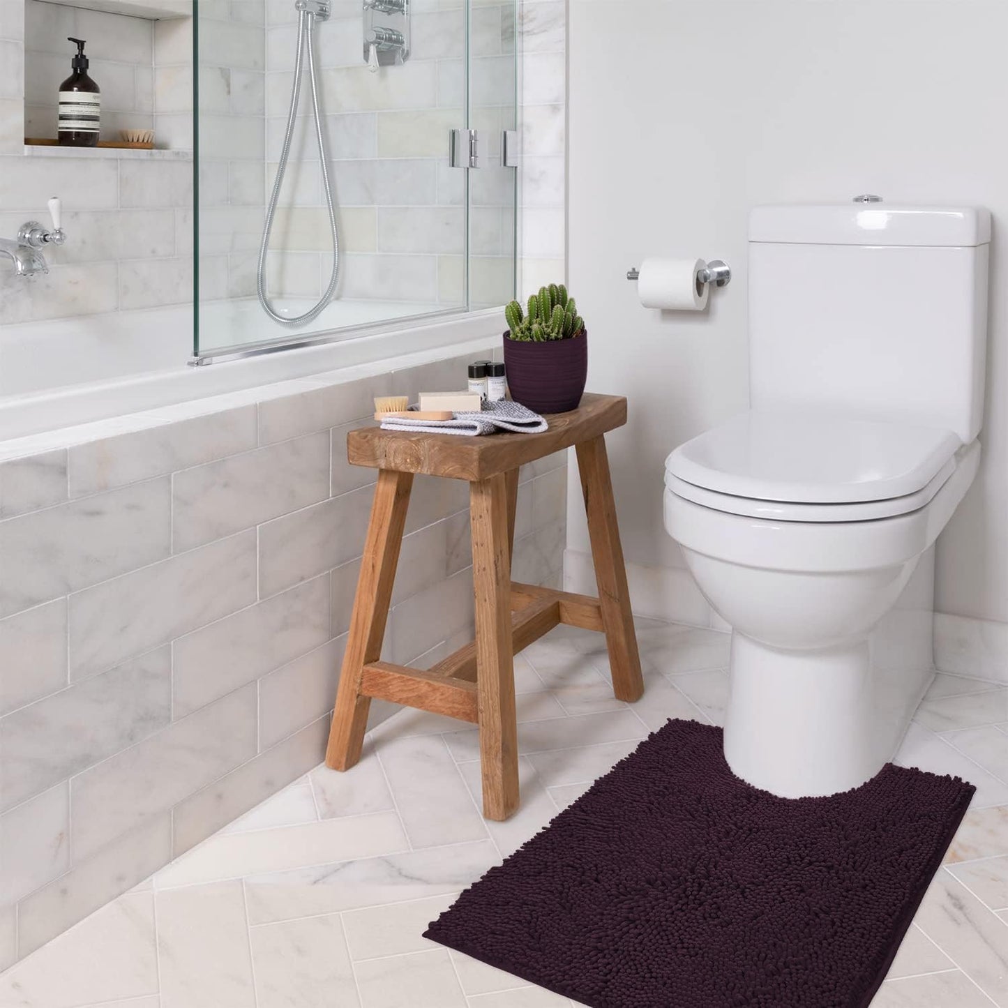 LuxUrux Plum Bath Mat, U-Shaped Contoured Rug for Around Toilet, Super Absorbent Shaggy Bath Rug