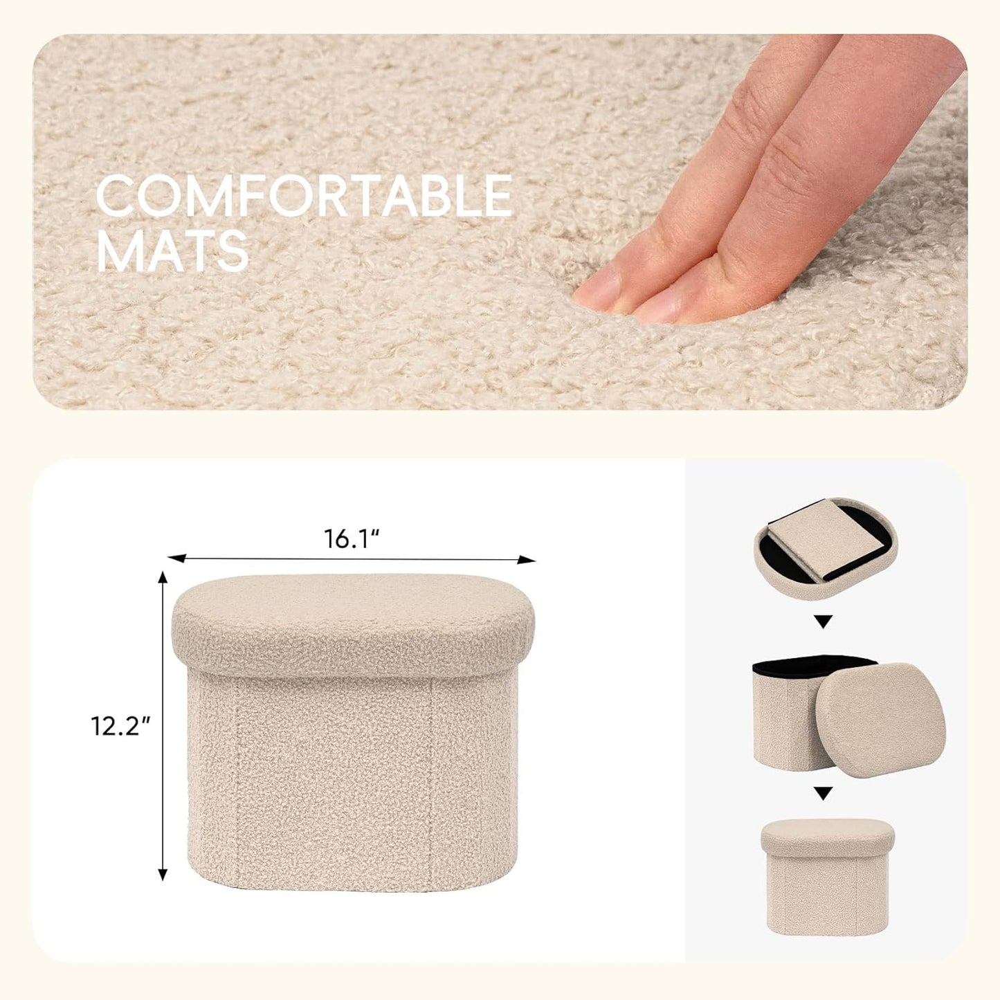 16.1"x12.2"x12.2" PINPLUS Storage Ottoman Boulce Tufted Folding Small Ottomans Bench Foot Rest with Storage (Beige)