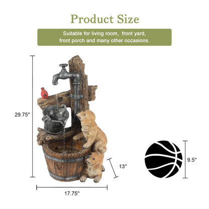 LuxenHome Water Fountain Outdoor, 30" Rustic Outdoor Water Fountain with LED Lights, Rustic Barrel Puppy and Pump Water Feature Outdoor, Garden Fountains Outdoor Patio, Porch, or Indoor Entryway