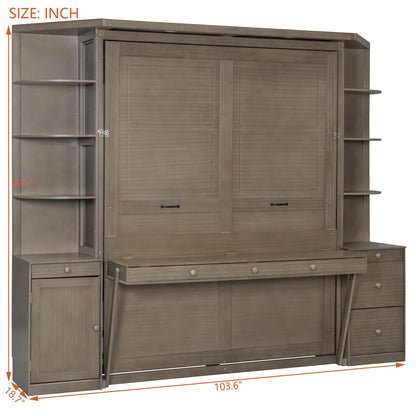 Merax Queen Murphy Bed with Desk and Storage, Hidden Wall Bed with Foldout Workstation, Shelves and Cabinets for Space-Saving Home Office, Gray
