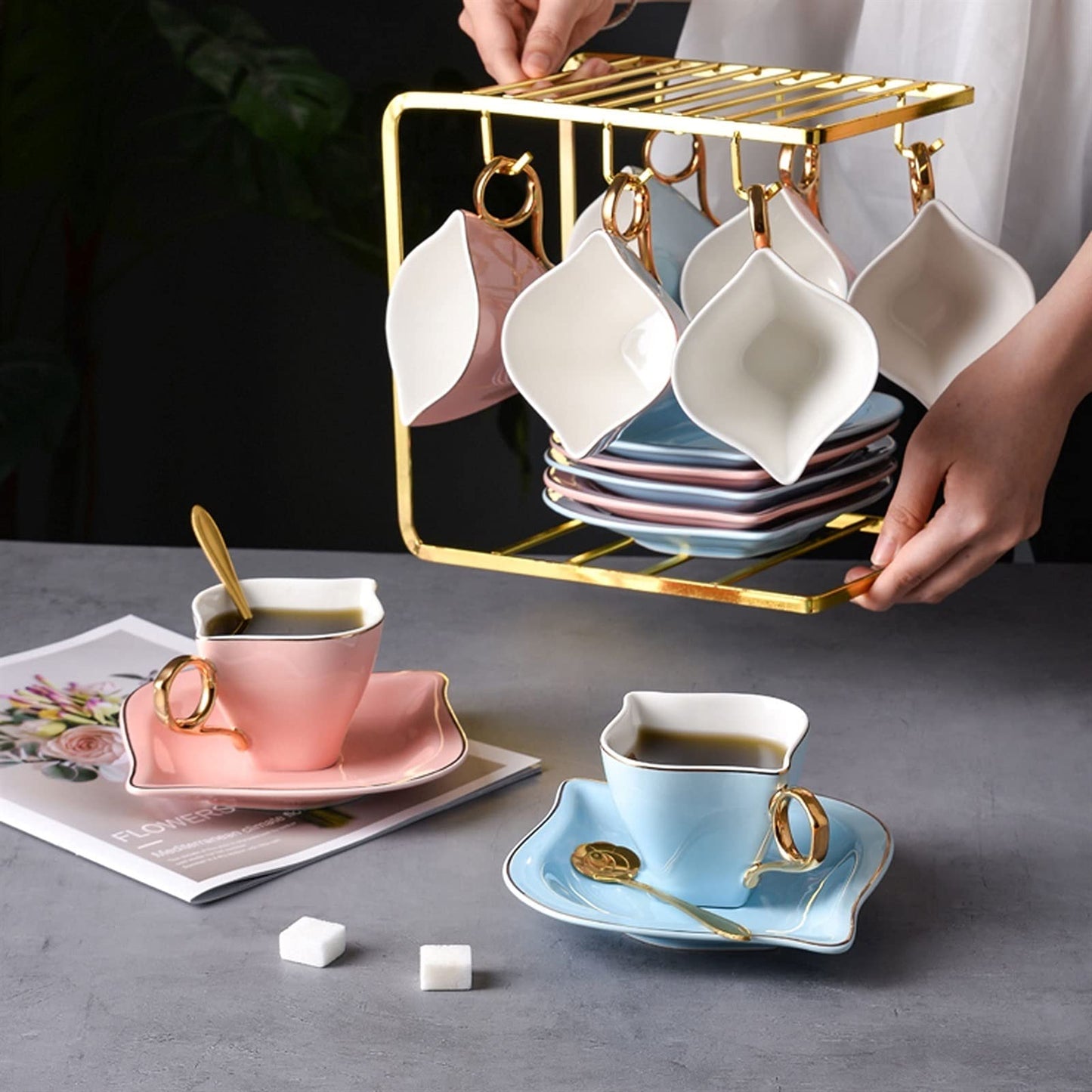 xiyouya 6-Piece Porcelain Ceramic Coffee Tea, Cups & Saucer Service Include 6 Cup，6 ，6 Teaspoons and Display Stand ，200ml/6.8oz(B)