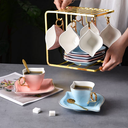 xiyouya 6-Piece Porcelain Ceramic Coffee Tea, Cups & Saucer Service Include 6 Cup，6 ，6 Teaspoons and Display Stand ，200ml/6.8oz(B)