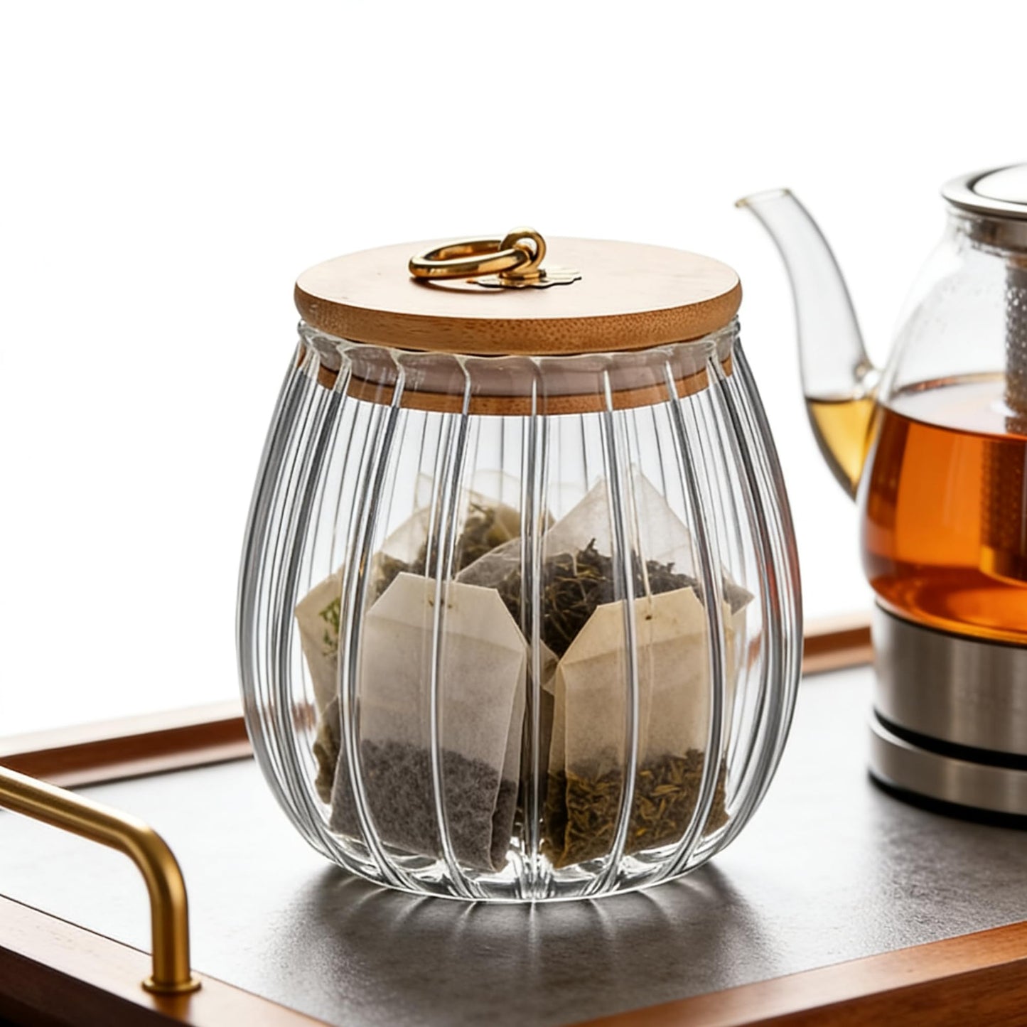 FANTESTICRYAN Glass Coffee Nuts Canister Airtight Storage Jar Petal Decorative Container with Bamboo Lid Metal Handle Easy to Grasp 700ml, 23 FL OZ