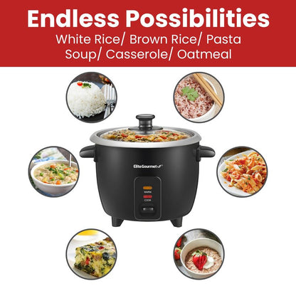 Elite Gourmet ERC003BX Electric Rice Cooker with Automatic Keep Warm Makes Soups, Stews, Grains, Hot Cereals, 6 Cups Cooked (3 Cups Uncooked), Black