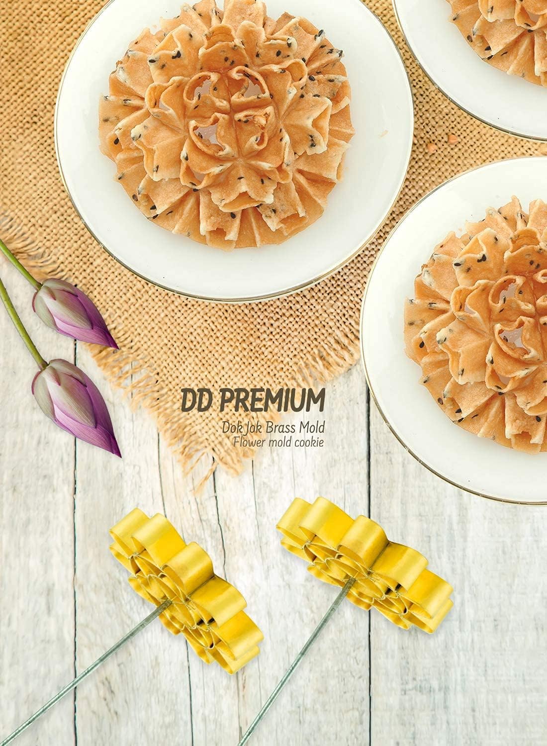 Dok Jok Brass Mold Thai Dessert Maker, Medium Rosette Lotus Flower Cookie Mold with Handle, 3.14 Inch Diameter