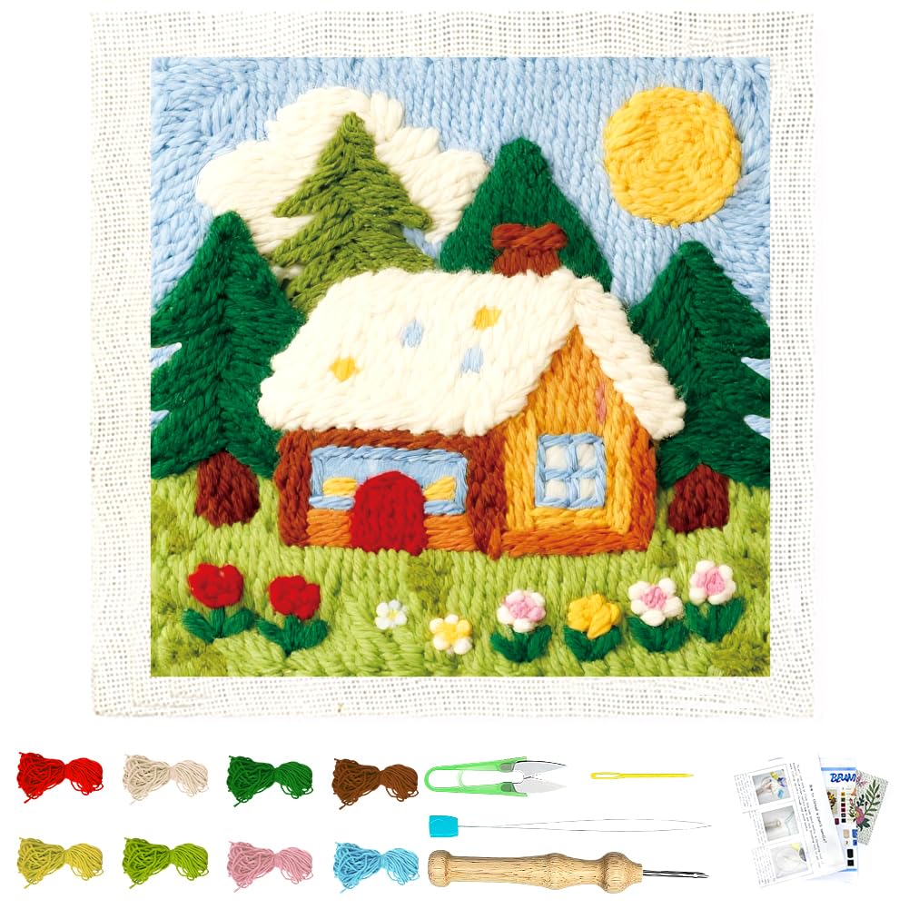 BEUNITONE Forest House Punch Needle Kit for Adults Beginners, Complete Craft Kit with Needle, Frame, Yarn & Pattern, Create Wall Hanging, Christmas Wall Art Making 9.4 x 9.4“