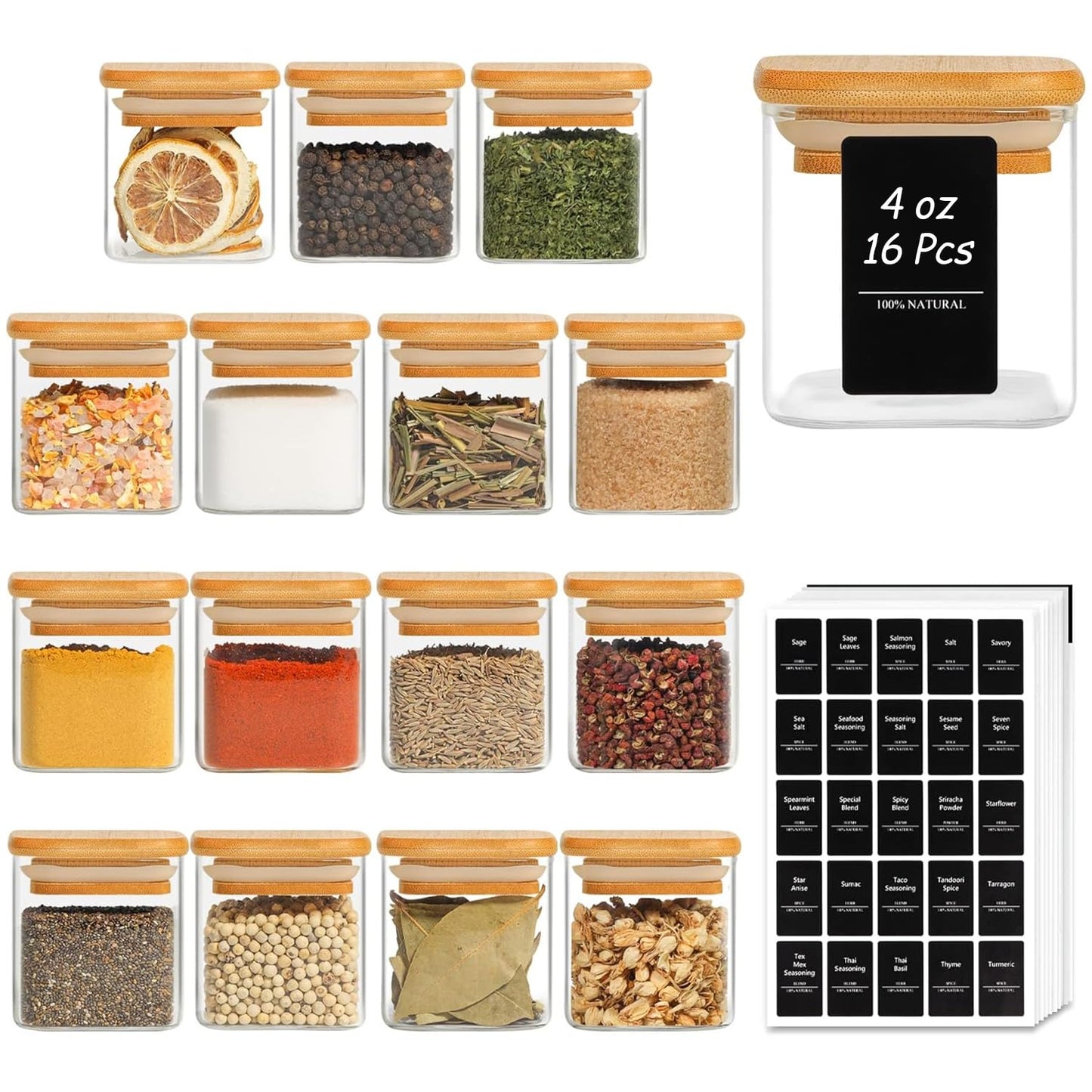 ComSaf 16Pcs Glass Spice Jars with Bamboo Lid, 4oz Airtight Square Spice Containers with 275 Black Lables, Empty Seasoning Jars for Spice Salt Sugar