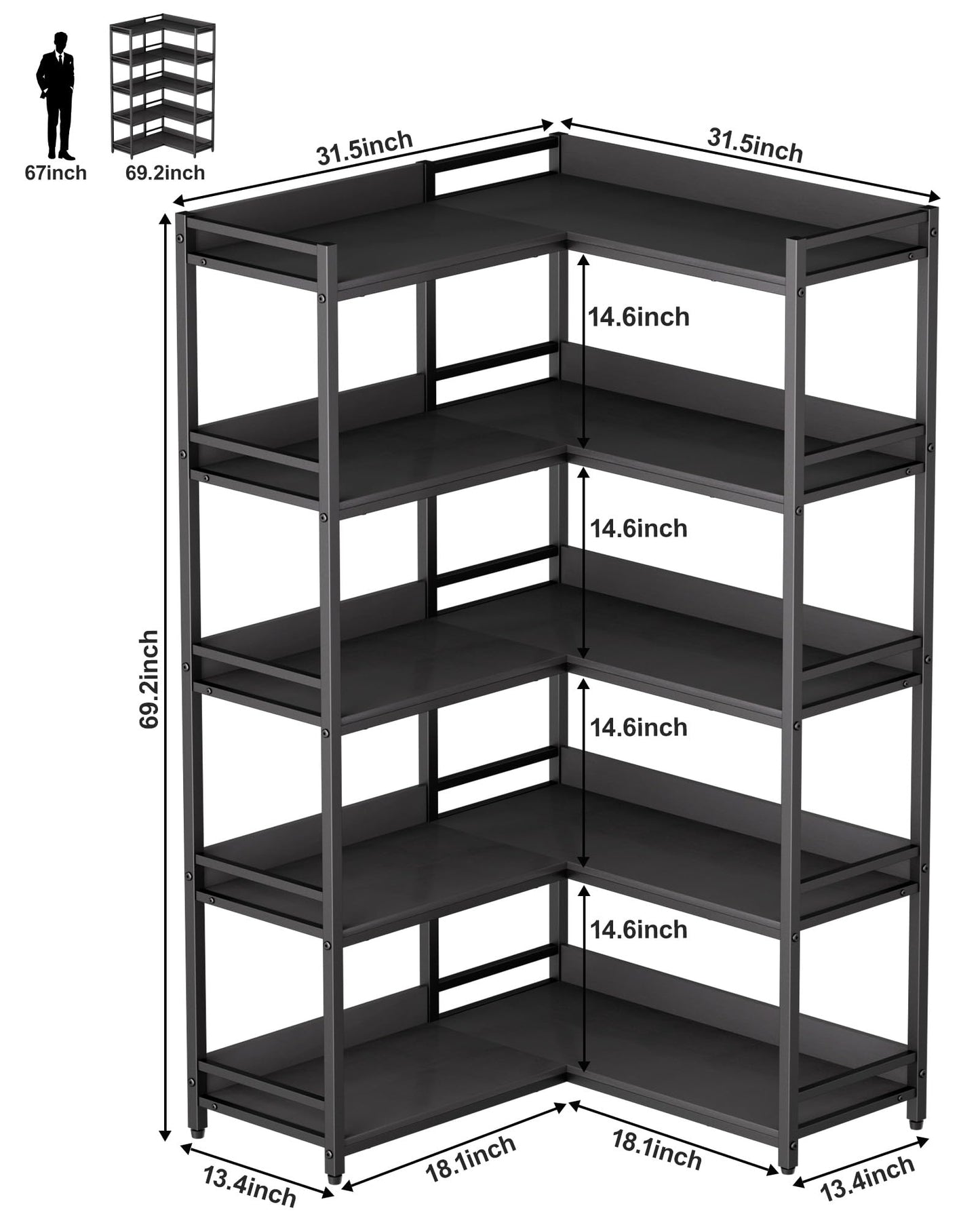 Large 5-Tier Corner Bookshelf - Modern Tall Corner Shelf Storage Display Rack with Sturdy Metal Frame - Perfect for Living Room, Home Office, Books and Decor Display